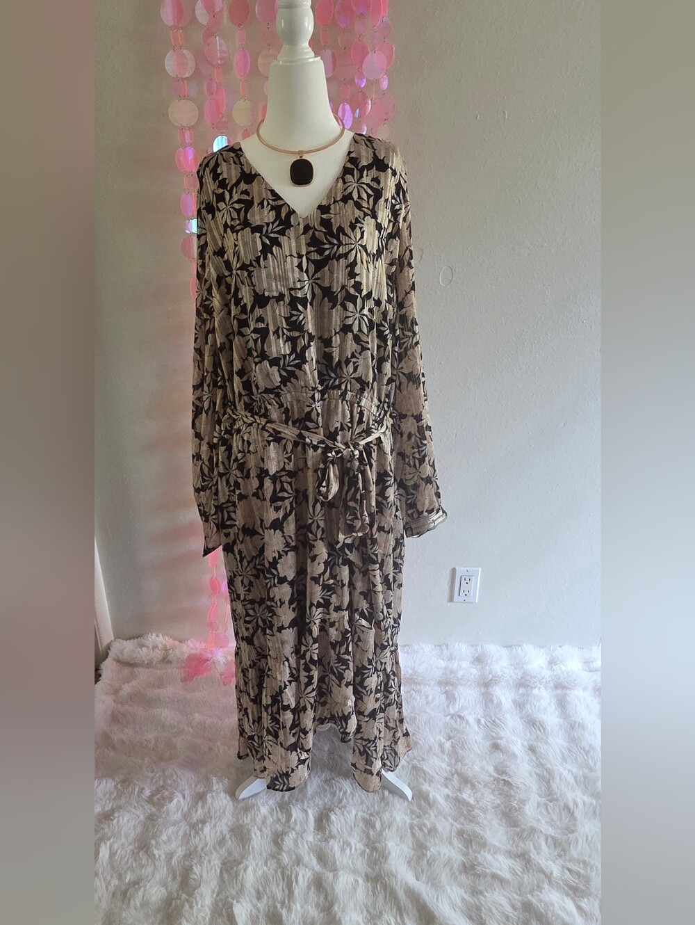 Lane Bryant Beige and Black Floral Long Sleeve Maxi Dress